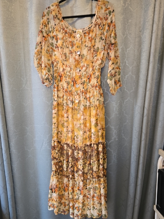 fig and flower Dresses & Skirts - fig and flower Yellow Floral Tiered Maxi Dress with Brown Panel